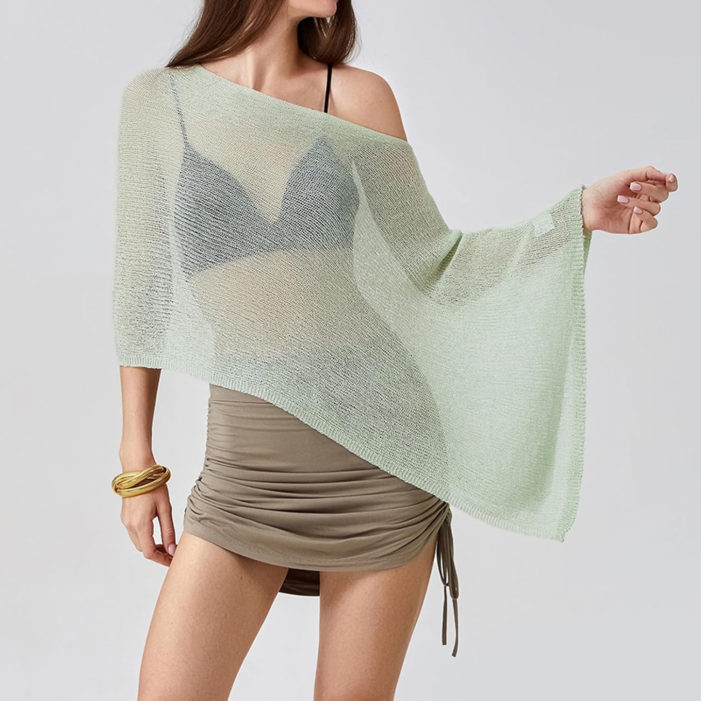 Women Knit Crochet Poncho Top Lightweight Sheer Shawl Summer See Through Swim Cover Up Beachwear